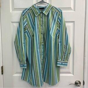 Avenue Blue Green White Striped Button-Down Shirt Top Blouse Women's Plus 18/20